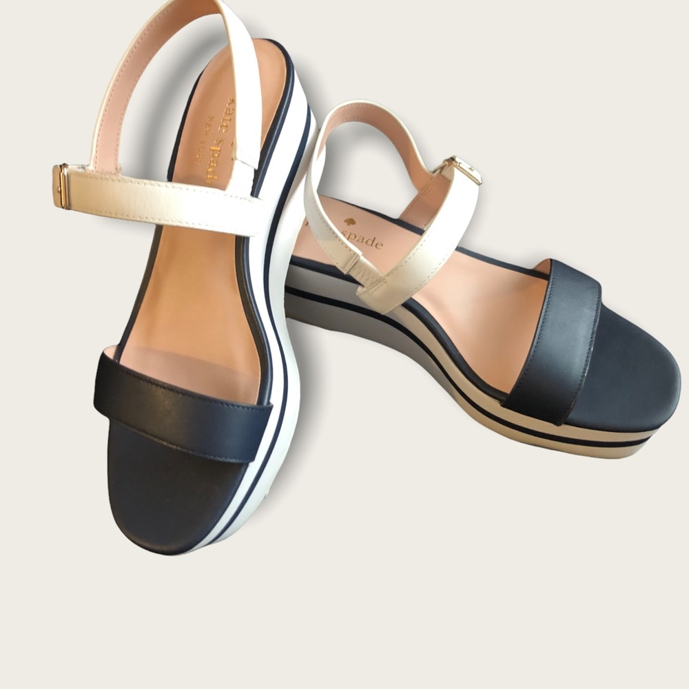 🌻Authentic Kate ♠️ Spade NY Navy & White Leather Platform Sandal Sz. 8B EU 38.5 - Picture 2 of 13